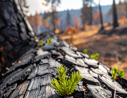 New green shoots emerging from a charred tree stump after a forest fire, representing resilience and rebuilding