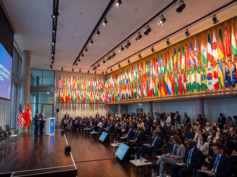 Presenter on an international stage lined with flags, representing a respected nonprofit with a weak case for support
