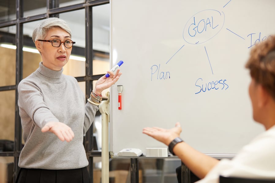 Leader explaining a plan at a whiteboard, representing nonprofit stakeholder alignment on a strategic plan